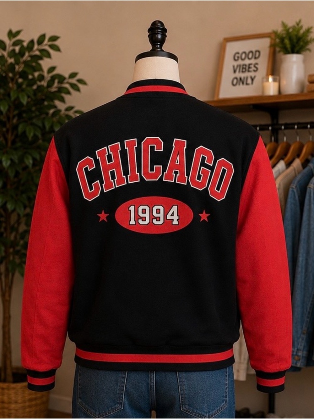 Black & Red Chicago Varsity Jacket with 1994 Graphic
